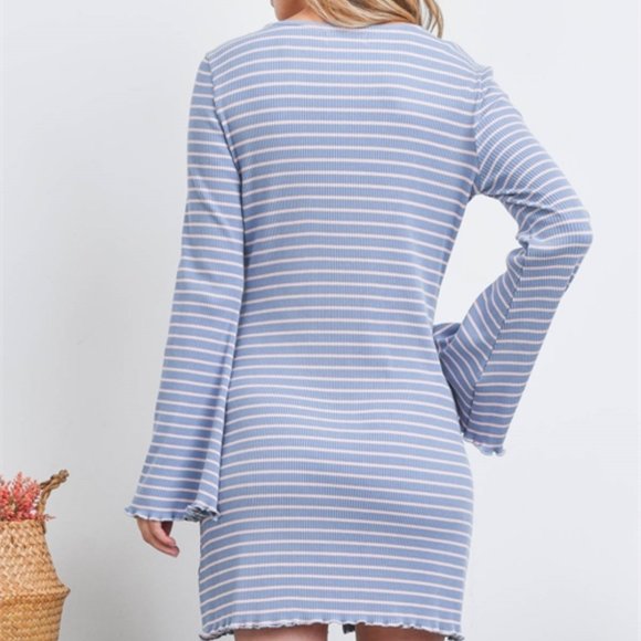 Ribbed Stripe Dress Front Button Bell Sleeve Dress - Picture 6 of 8